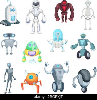 Mignons monstres mécaniques. Jouets pour enfants. Caractères des robots. Images vectorielles en style dessin animé Illustration de Vecteur