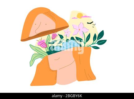 Tête de bande dessinée avec beau bouquet de fleurs et paysage isolé sur fond blanc Illustration de Vecteur