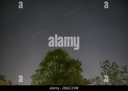 Londres, Royaume-Uni. 21 avril 2020. Starlink, une constellation de satellites lancée par la société Space X d'Elon Musk, passe au-dessus du nord-ouest de Londres entre 3,11 h et 3,46 h. Depuis le 16 avril 2020, SpaceX a lancé jusqu'à présent 362 satellites Starlink, faisant partie des 12 000 satellites à déployer. Starlink fournira un accès Internet haut débit, à faible coût, par satellite, mais les sentiers satellites nocturnes sont signalés comme étant désbienvenus par les astronomes et ceux qui observent le ciel nocturne à d'autres fins. Crédit: Stephen Chung / Alay Live News Banque D'Images