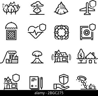Icônes des lignes cas d'assurance et catastrophes naturelles. Symboles de contour de la propriété, de la vie et de la santé. Assurance et protection santé et maison. Illustration vectorielle Illustration de Vecteur