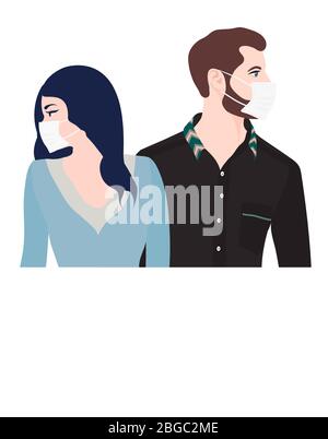 Homme caucasien femme couple avec masque médical. Séparation ou divorce entre couples ayant des problèmes de cohabitation en raison du verrouillage dû au Covid Illustration de Vecteur