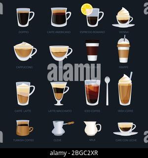 Tasses avec différents types de café. Espresso, cappuccino, macchiato et autres. Illustrations vectorielles définies dans un style de dessin animé Illustration de Vecteur