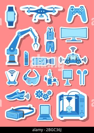 Groupe d'icônes haute technologie défini en tons bleus. Tous les objets d'icône, les ombres et l'arrière-plan se trouvent dans des couches différentes. Illustration de Vecteur