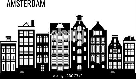 Rangée de vieilles maisons typiques d'amsterdam abrite des silhouettes vectorielles. Illustration du bâtiment de la façade d'amsterdam, architecture cityscape Illustration de Vecteur