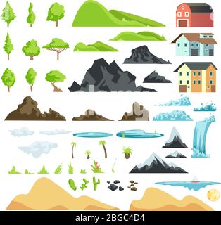 Éléments vectoriels de paysages de dessins animés avec montagnes, collines, arbres tropicaux et bâtiments. Illustration de la nature de la colline et de la montagne Illustration de Vecteur