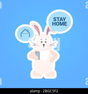 lapin avec rester à la maison chat bulle discours heureux pâques printemps vacances coronavirus concept pandémique mignon lapin autocollant illustration vectorielle Illustration de Vecteur