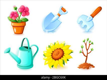 Ensemble d'icônes de jardinage - pot de fleurs, pelle, râteau, arrosoir, tournesol et arbre de plantules - icônes pour les jeux web et mobiles, illustration vectorielle sur Illustration de Vecteur