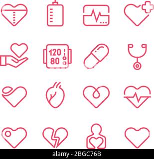 Icônes de ligne vectorielle de médecine cardiologique. Symboles vectoriels cardiologue et maladies cardiaques. Icônes de la ligne cardiaque d'intégrité. Illustration de la médecine de cardiologie Illustration de Vecteur