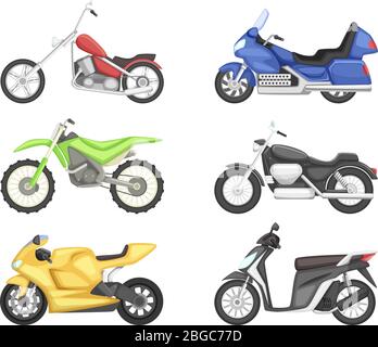 Broyeur, vélo de sport plus croiseur et autres types de motocyclettes. L'ensemble d'illustrations vectorielles s'isole sur un arrière-plan blanc Illustration de Vecteur