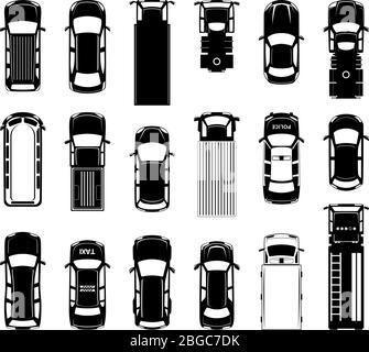 Vue de dessus des différents véhicules sur le toit sur la route. Icônes vectorielles noires d'automobiles Illustration de Vecteur