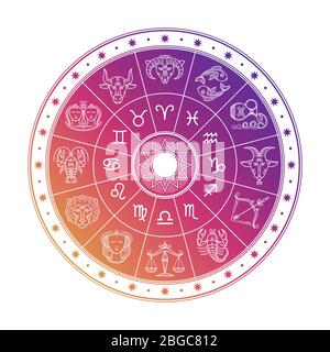 Motif cercles d'astrologie coloré avec des signes d'horoscope isolés sur fond blanc. Illustration astrologique de l'horoscope vectoriel du zodiaque Illustration de Vecteur