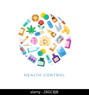 Concept de ronde de contrôle de la santé médicinale - bouteilles de pilules lumineuses icônes de médicaments. Contrôle médical de la santé, cigarette et seringue, pavot et champignons, drogue de marijuana. Illustration vectorielle Illustration de Vecteur