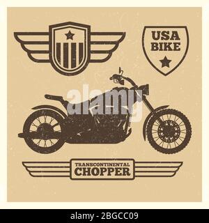 Silhouette de moto de sport et motif grunge sur les étiquettes d'aile vintage. Illustration vectorielle Illustration de Vecteur