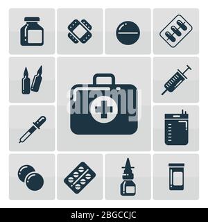 Kit de premiers soins silhouette icônes ensemble - accessoires de médecine icônes. Illustration vectorielle Illustration de Vecteur