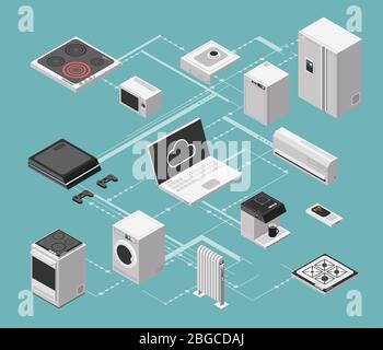 Concept isométrique Smart House et contrôle électrique avec illustration vectorielle des appareils domestiques. Technologie de l'appareil de contrôle, électrique sans fil Illustration de Vecteur