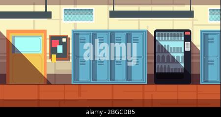 Personne couloir de l'école intérieur dessin animé illustration vectorielle. Couloir intérieur de l'école ou de l'université avec casiers Illustration de Vecteur