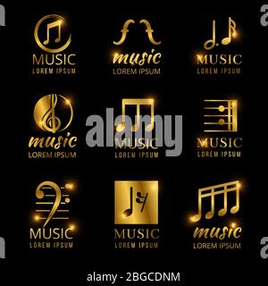 Des logos de musique aux couleurs dorées et brillants, isolés sur le noir. Illustration vectorielle Illustration de Vecteur