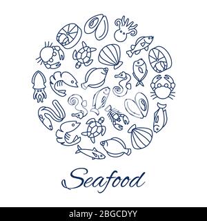 Les icônes de la ligne de fruits de mer autour du concept avec des poissons huîtres crabes isolés sur fond blanc. Crevettes et huîtres de fruits de mer, poisson et homard. Illustration vectorielle Illustration de Vecteur