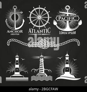 Les logos marins vintage et les emblèmes avec phares ancrent la corde. Emblème et badge, logo vintage marine, phare nautique, illustration vectorielle Illustration de Vecteur