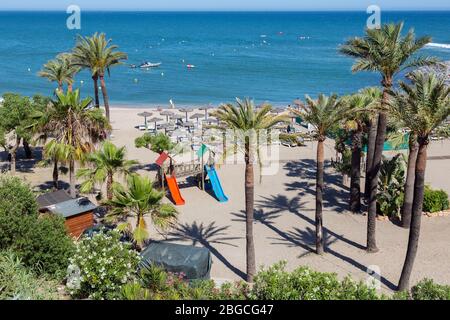 Playa de Arroyo de la miel y los Melilleros, Benalmadena Costa, Costa del sol, Malaga Province, Andalousie, sud de l'Espagne. Banque D'Images