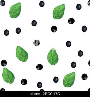 Feuilles de menthe juteuse et parfumées et olives noires italiennes - modèle vectoriel sans couture. Menthe verte parfumée et olives noires sur fond blanc isolé Illustration de Vecteur