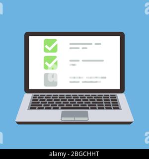 Ordinateur portable avec liste de contrôle du formulaire de questionnaire en ligne à l'écran. Concept de dessin animé vectoriel de choix et d'enquête. Illustration de l'ordinateur en ligne de la liste de contrôle, du choix et de la liste des examens du questionnaire Illustration de Vecteur
