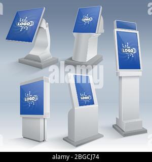Affichage interactif des informations sur les kiosques. L'écran tactile est un modèle vectoriel. Illustration de la console du moniteur du statif tactile Illustration de Vecteur