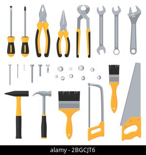 Matériel de construction outils industriels vecteur icônes plates. Illustration de la scie et du marteau, instrument de travail et de réparation Illustration de Vecteur