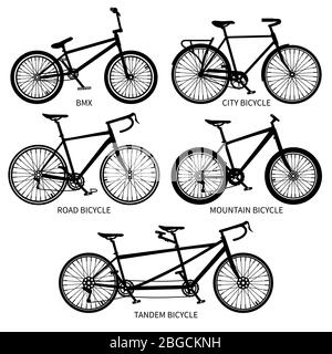 Types de vélos silhouettes noires vectorielles. Route, montagne, tandem vélos isolés. Jeu de vélo vintage, transport sportif avec illustration de pédale Illustration de Vecteur