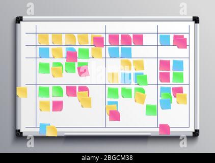 Tableau blanc de réunion avec autocollants couleur. Tableau des tâches de mise au rebut avec notes adhésives de l'illustration vectorielle du plan quotidien. Panneau autocollant pour la planification du travail d'équipe Illustration de Vecteur