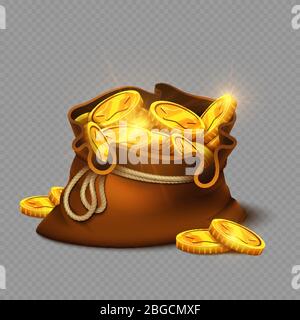 Grand sac de dessin animé avec pièces d'or isolées sur fond transparent. Gain d'argent d'or, prix du Trésor. Illustration vectorielle Illustration de Vecteur