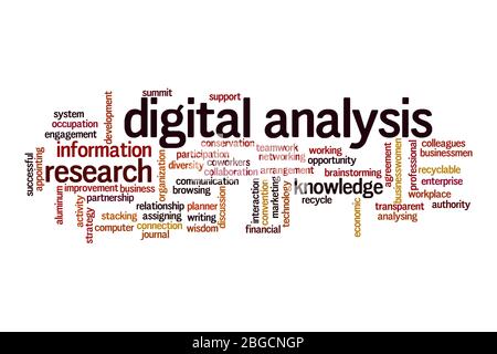 Concept de nuage de mots d'analyse numérique sur fond blanc Banque D'Images
