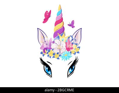 Licorne magique avec corne colorée et manes, icône decor girl prix intérieur ou de l'anniversaire, d'un insigne ou un autocollant, vector Illustration de Vecteur