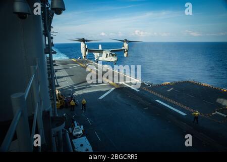 MER DE CHINE MÉRIDIONALE (18 avril 2020) un aéronef MV-22 B Osprey tiltrotor avec Escadron de transport maritime moyen Tiltrotor (VMM) 265 (renforcé), 31ème unité expéditionnaire maritime (MEU), atterrit sur le pont de vol du navire d'assaut amphibie USS America (LHA 6) pendant les opérations de vol. Les marines et marins à bord de l'Amérique effectuent régulièrement des opérations de vol tout en étant en cours pour maintenir leur état de préparation à répondre aux éventualités. L'Amérique, phare du America Expeditionary Strike Group, 31 membres de l'équipe du MEU, opère dans la 7ème zone d'opérations de la flotte américaine pour améliorer l'interopérabilité avec ses alliés et partenaires et Banque D'Images