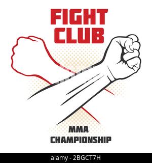 Affiche vectorielle de club de combat avec emblème de main fort. MMA lutte contre le fond. MMA Battle club, illustration d'art mixte martial Illustration de Vecteur