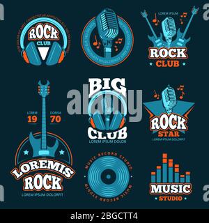 Étiquettes vectorielles de production de studio de musique. Badges musicaux avec guitares et microphones Illustration de Vecteur