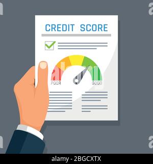 Main d'homme d'affaires tenant le document financier de l'historique de crédit avec indicateur de score. Concept de vecteur d'approbation hypothécaire. Historique du crédit et illustration de la notation Illustration de Vecteur