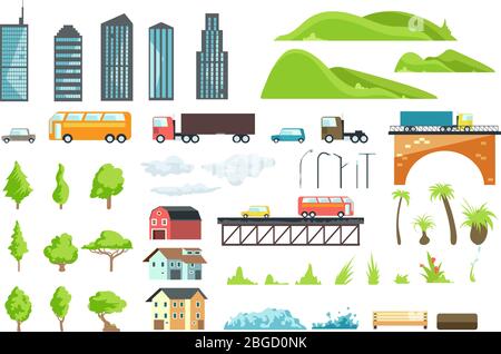 Carte plate de la ville éléments vectoriels avec transport urbain, route, arbres et bâtiments. Illustration du pont et de l'automobile, de l'herbe verte et du banc pour l'interface Illustration de Vecteur