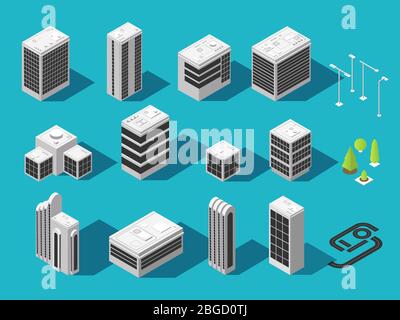 Construction isométrique pour le set vectoriel de cartes de villes en trois dimensions. Illustration isométrique du bâtiment de la ville et de l'architecture Illustration de Vecteur