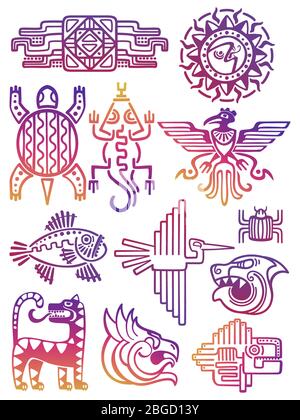 Aztèque américain coloré, symboles de la culture maya isolés sur fond blanc. Illustration vectorielle Illustration de Vecteur