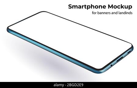Modèle bleu moderne sans cadre pour smartphone et écran vide, vue en perspective horizontale pivotée. Téléphone portable isométrique réaliste vectoriel en 3 dimensions Illustration de Vecteur