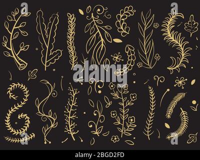 Les arbres d'or et les fleurs se ramichent sur fond noir. Branche arborescente de plante, dessin de feuilles fleuries. Illustration vectorielle Illustration de Vecteur