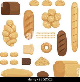 Produits de boulangerie. Illustration vectorielle de différents pains dans le style de dessin animé Illustration de Vecteur