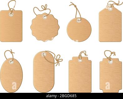 Différentes étiquettes vides avec ruban en lin ou cordon de nœud. Les illustrations vectorielles de dessins animés s'isolent en blanc Illustration de Vecteur