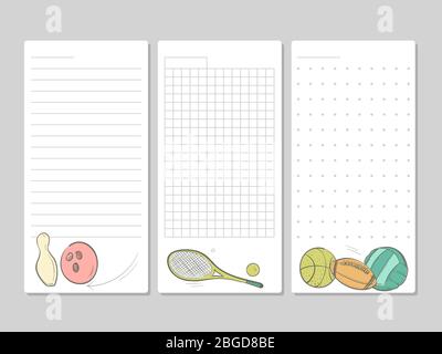 Pages lignées pour notes, notes ou listes de tâches avec des équipements de sport de gribouille. Illustration vectorielle Illustration de Vecteur