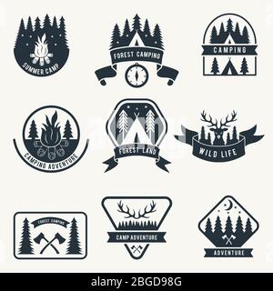 Jeu de badges monochromes aventure. Silhouette de tente. Étiquettes vectorielles Camping Illustration de Vecteur