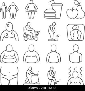 Classification obèses, personnes en surpoids malsaines et niveaux d'apparence corporelle icônes de ligne vectorielle. Illustration de l'obésité et de l'embonpoint corporel des personnes Illustration de Vecteur
