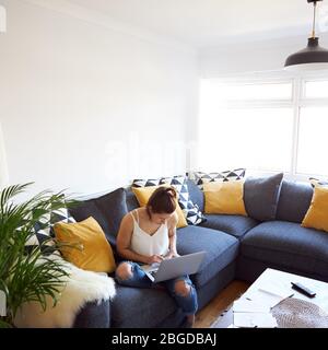 Femme travaillant sur un ordinateur portable assis sur un canapé pour boire du café Banque D'Images