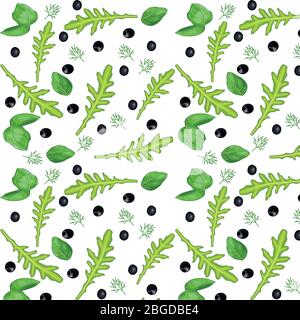 Légumes verts frais et juteux - persil et aneth avec feuilles d'arugula rucola et de mita et olives italiennes - modèle vectoriel sans couture. Herbes et épices parfumées Illustration de Vecteur