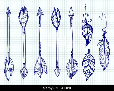 Plumes et flèches du stylo bille définies sur la page du bloc-notes. Dessin en plumes de flèche, illustration de la pointe de flèche indienne et aztèque Illustration de Vecteur